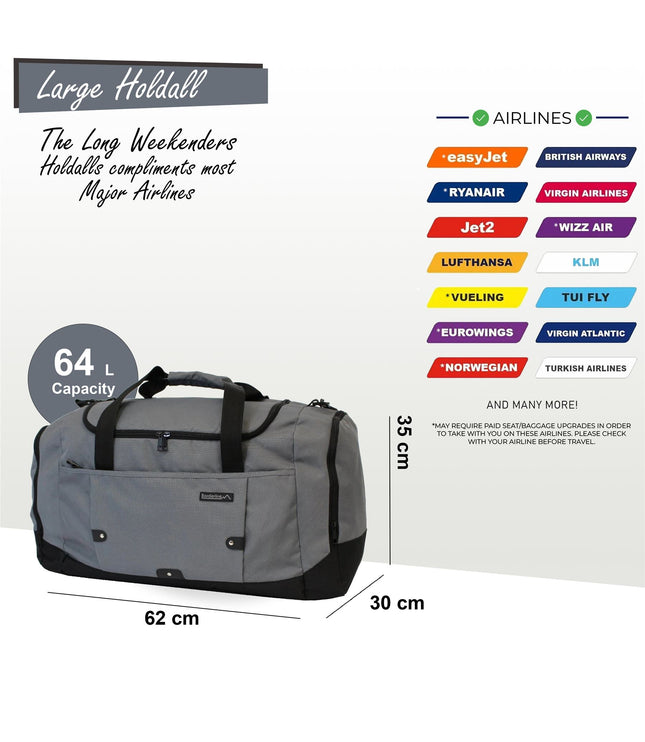 Extra Large Duffel Weekend Holdall Carry-On Cabin Bag Gym Sports Travel Bag Grey