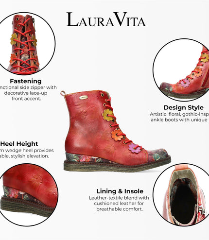 Laura Vita Ercnaulto 212 Red Floral Womens Gothic Victorian Leather Ankle Heeled Boots