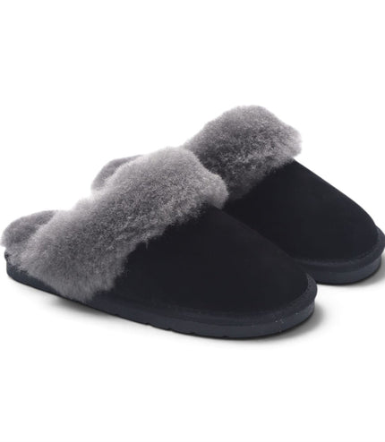 Women's Genuine Sheepskin Black Suede Mule Winter Slippers - Luna