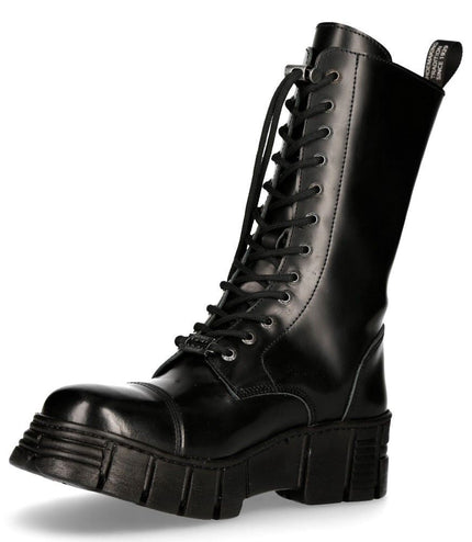 New Rock Black Leather Mid-Calf Tower Biker Boots-M-Wall127N-C1
