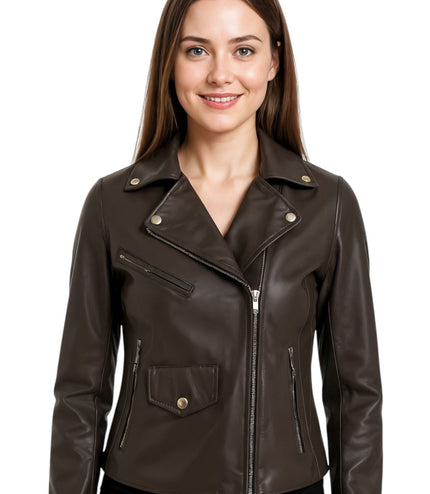 Women's Classic Brando Biker Leather Jacket - Broome - Black