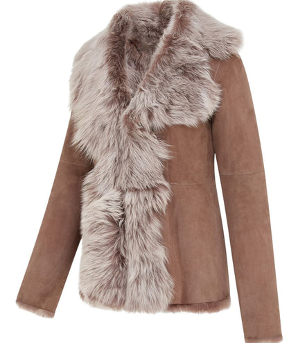 Women's Taupe Sheepskin Toscana Shearling Suede Leather Jacket - Noir