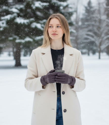 Womens Purple Italian Leather Winter Bow Design Soft Wool Lining Gloves - L-GLV-401