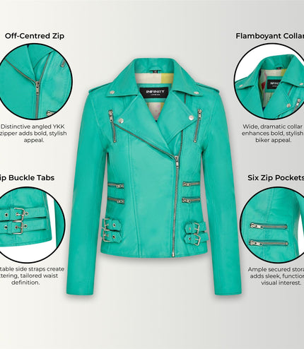 Womens Leather Brando Biker Jacket-Orlando - Aqua