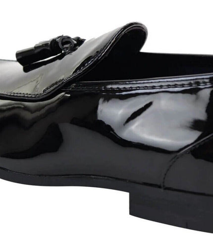 Mens Tasselled Black Patent Leather Slip On Loafers