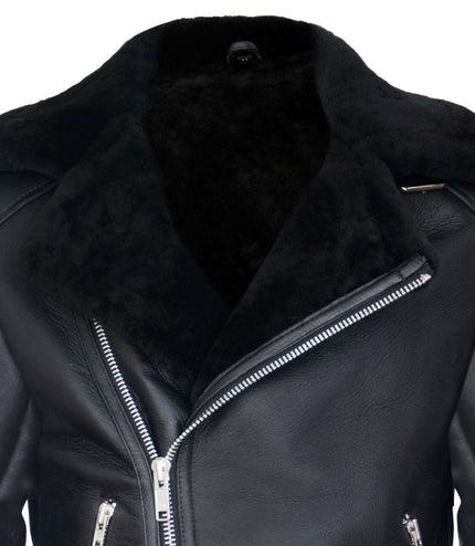 Mens Sheepskin Leather Biker Jacket-Edmonton - Black