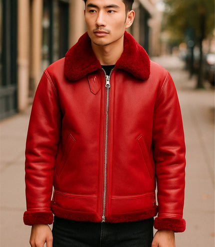 Mens B3 Bomber RAF Aviator Sheepskin Jacket -Wyndham - Red