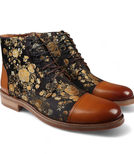 Justin Reess Men's Brown Floral Print Leather Oxford Ankle Boots - Adam
