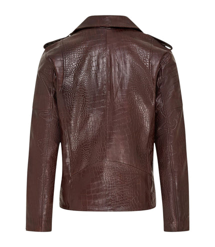 Mens Brown Cow Leather Alligator Print Embossed Biker Jacket - Rot