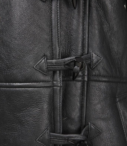 Womens Black Shearling Hooded Duffle Coat-Lille