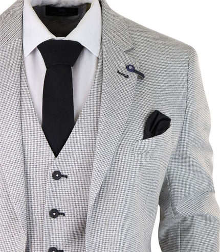 Mens 3 Piece Light Grey Check Tweed Retro Classic Suit