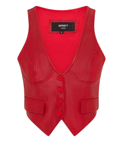 Womens Red Leather Waistcoat Biker Vest - MAM-WC