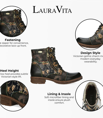 Laura Vita Anita 006 Black Floral Womens Gothic Victorian Leather Ankle Boots