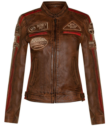 Womens Biker Racing Badges Leather Jacket-Eastleigh - Red