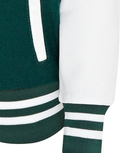Kids Green Wool Varsity Bomber Jacket with Real Leather Sleeves