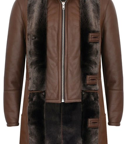 Mens Warm Shearling Sheepskin Leather Coat-Florence - Brown