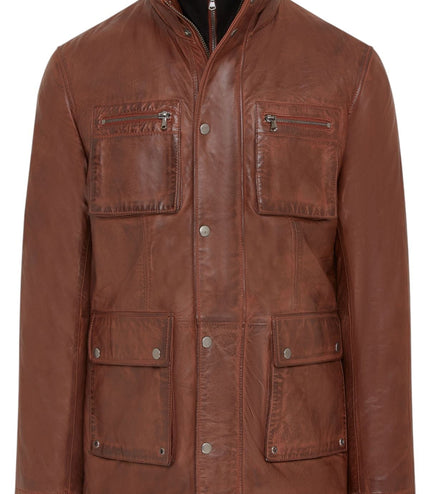 Men's Leather Military Jacket Outwear Trenchcoat - Field - Tan