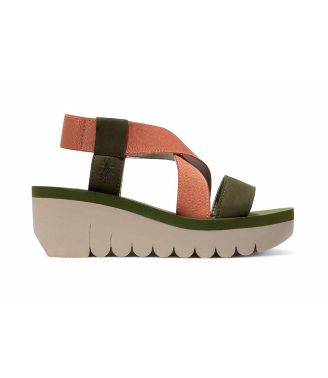 Fly London Women's Yabi922Fly Green / Tea Rose Cupido Leather Wedge Sandals