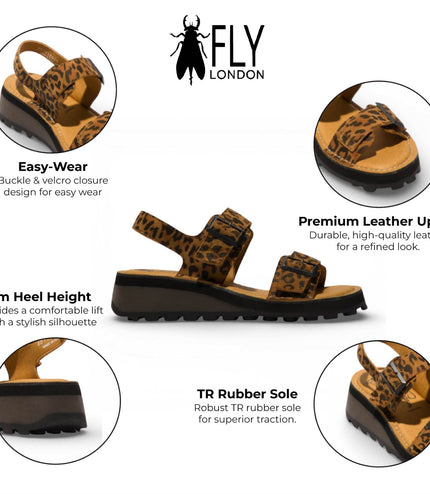 Fly London Women's HEIF558FLY Cheetah Tan Leather Wedge Buckle Sandals