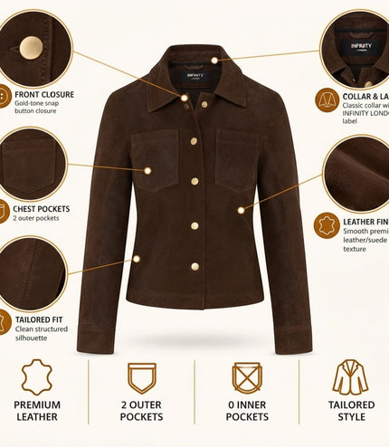 Womens Brown Leather Shacket Collar Jacket - Lofar