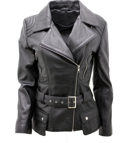 Womens Long Leather Biker Jacket-Quito - Black