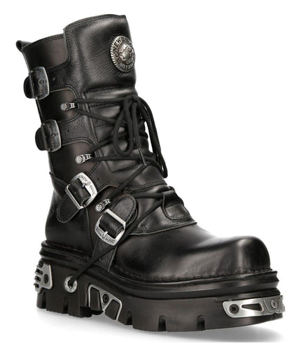 New Rock Unisex Black Leather Gothic Mid-Calf Boots - 373-S4