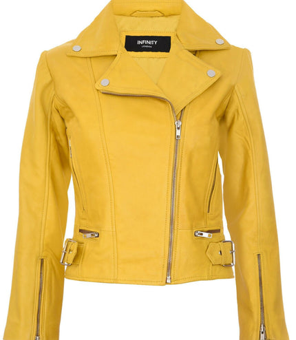 Womens Leather Biker Jacket-Stockholm - Yellow