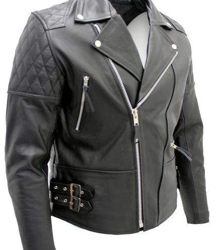 Mens Cowhide Leather Biker Jacket-Nassau - Black