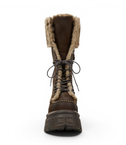 Windsorsmith Women's Brown Suede Leather Platform Combat Fur Boots - Saintly