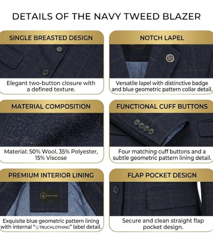 Women's Navy 2 Piece Check Formal Tweed Blazer & Waistcoat Set - TPSTZ-7