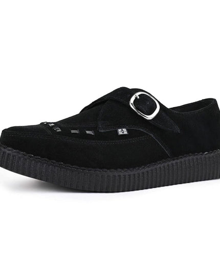 TUK Pointed Creeper Black Suede Monk Buckle Platform Shoes - A8139