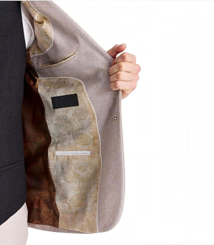 Mens Stone Suit with Harris Brown Tweed Waistcoat Wedding Suit - Mayfair