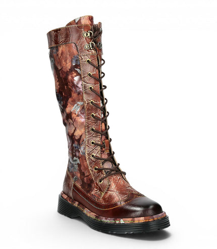 Laura Vita Women's Maroon Gothic Victorian Floral Maroon Leather Knee-High Lace-Up Boots - Incaso-50