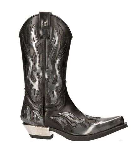 New Rock Flame Accented Black/Silver Leather Biker Cowboy Boots- M-7921-S3