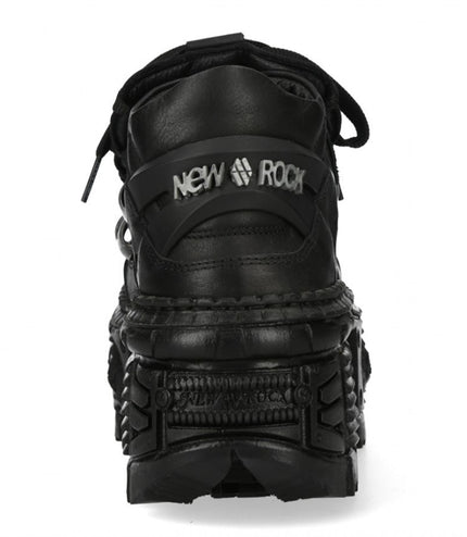 New Rock M-Overz106B-C1 Metallic Chunky Black Leather Gothic Ankle Boots