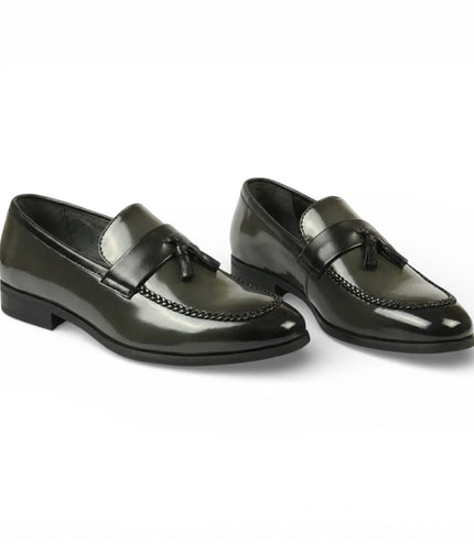 Mens Olive Tassel High-Gloss Patent Faux Leather Formal Loafers Shoes