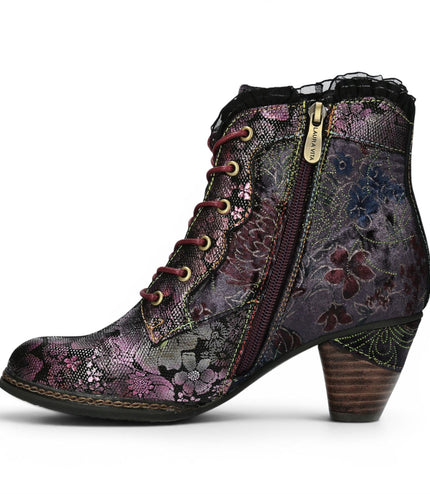 Laura Vita Women's Floral Goth Victorian Violet Leather Heeled Ankle Boots - Alcizeeo-190