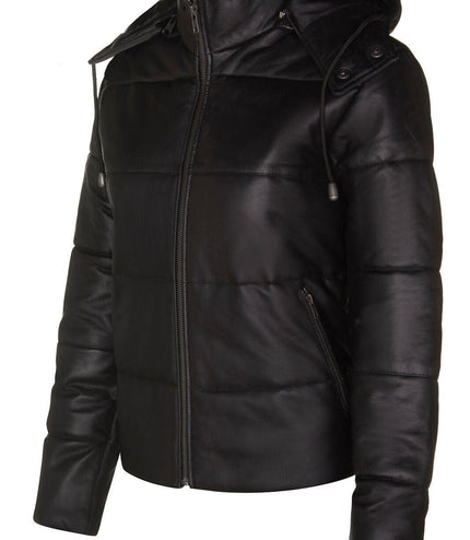 Womens Puffer Leather Bomber Jacket-Ajax