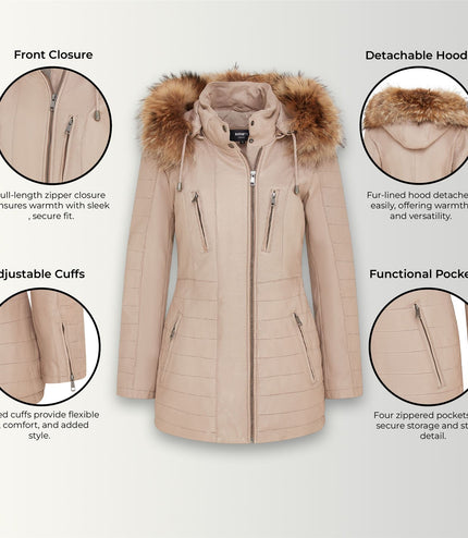 Womens Slim Fit Leather Hooded Parka Jacket-Northam - Beige