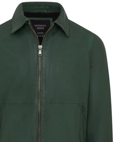 Mens Leather Green Harrington Collar Biker Jacket - Alpha
