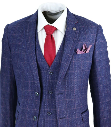 Mens 3 Piece Blue Herringbone Check Vintage Classic Suit