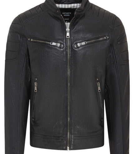 Men's Modern Classic Leather Quilted Biker Jacket - Derry - Black