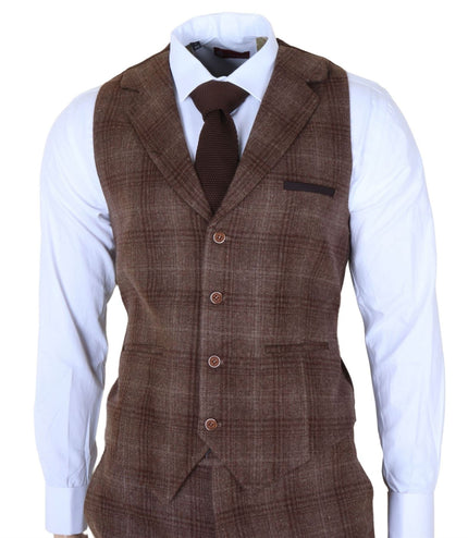Men's Formal Brown Tweed  3 Piece Check Vintage Gatsby Style Suit