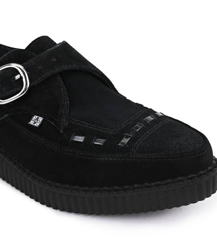 TUK Pointed Creeper Black Suede Monk Buckle Platform Shoes - A8139
