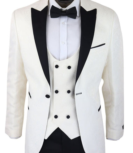 Mens Beige Tuxedo Blazer Waistcoat Brocade Ivory Satin Paisley Dinner Jacket