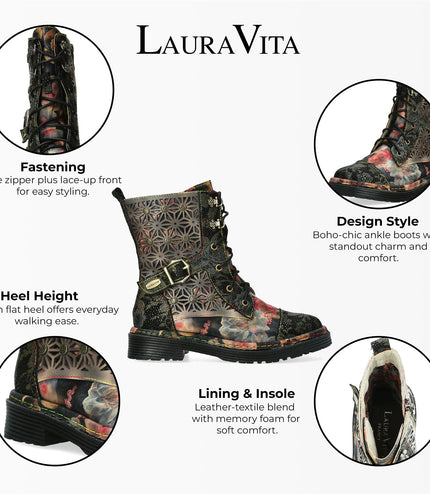 Laura Vita Incaso 36 Black Floral Womens Gothic Victorian Leather Ankle High Boots