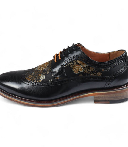 Justin Reess Men's Black Leather Floral Print Brogue Dress Shoes - Ross