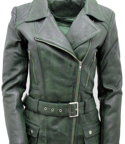 Womens Long Leather Biker Jacket-Quito - Grey