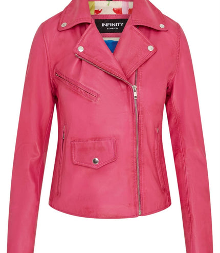Women's Classic Brando Biker Leather Jacket - Broome - Fuschia