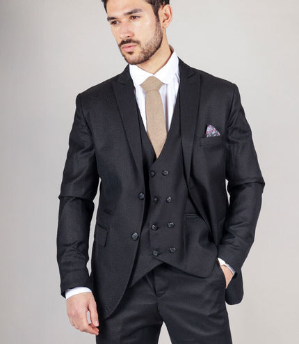 Mens IM1 Double Brusted Plain Black 3 Piece Suit